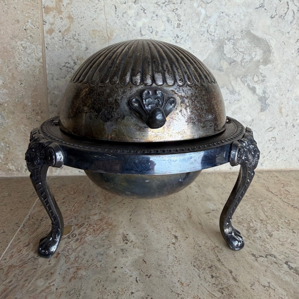 Vintage Silver Plated Revolving Dome Butter Dish Roll Closer Lion Mask Paw Feet